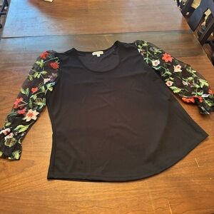 Black Floral Embroidery Mesh Ruffle Sleeve Shirt by Stem & Vine 3x